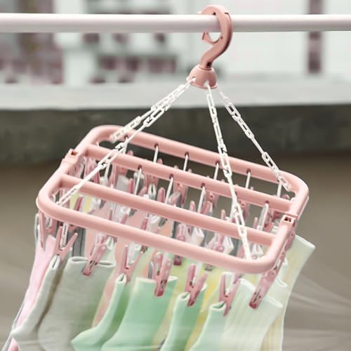 Ldirect Laundry Clothes Drying Hanger and Drip Foldable Drying Rack Hanging Sock Rack with 32 Clips (Nordic Pink) - Image 7