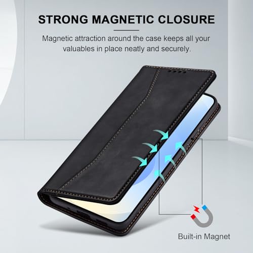 Image of Jasonyu Flip Wallet Case for Samsung Galaxy S25,Leather Magnetic Folio Cover with Card Holder,Kickstand - TPU Shockproof Durable Protective Phone Case,Black