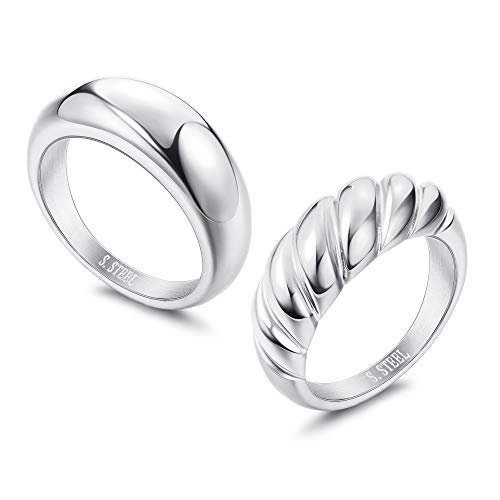Thunaraz 2Pcs Chunky Dome Ring for Women Gold Silver Minimalist Twisted Ring Stacking Band Statement Thick Couple Stainless Steel Ring Set Size 5-10