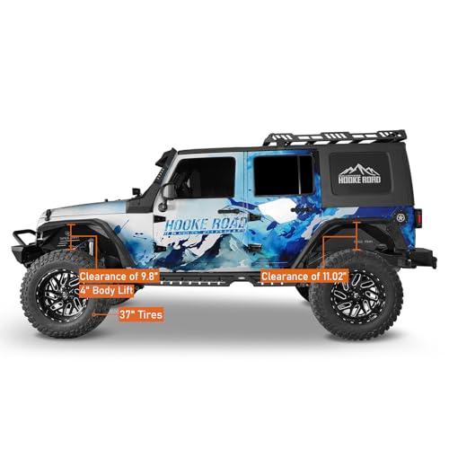 Image of Hooke Road JK 8.7 inch Wide Flat Fender Flares Kit for 2007-2018 Jeep Wrangler JK & Unlimited 2 /4 Doors, 4PCS Off-road Fenders w /Lights
