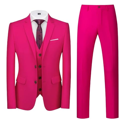 Men Fashionable Business Casual Two Button Jacket Vest Pants 3-Piece Suit Multiple Magenta