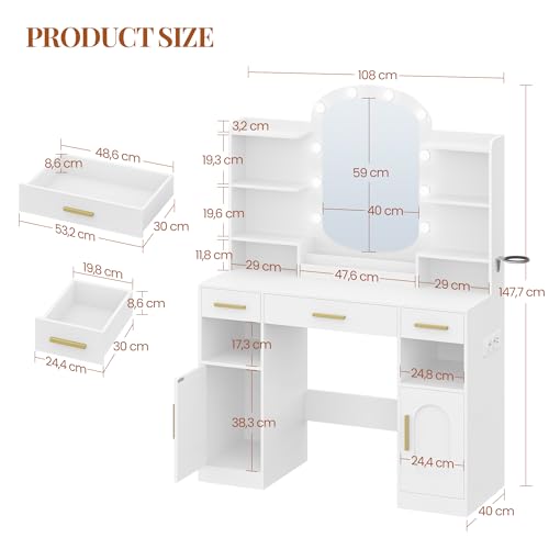 HEXCELEN Tocador, Mesa de Maquillaje con Espejo Ovalado y Luces LED con Brillo Ajustable, Enchufes, Soporte para Secador de Pelo, Tocador de Maquillaje, 3 Cajones, 2 Armarios, Blanco - imagen 2