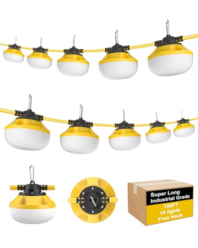100FT LED Construction String Lights, 100W 10000LM Industrial Grade Temporary Work Lights with 10 Bulbs, Linkable 5000K Super Bright Weatherproof Lighting for Construction Site, Job Site,& Outdoor Use