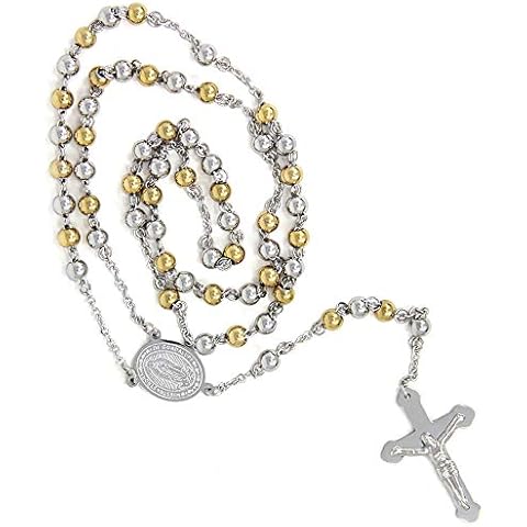 MEPLUS FASHION Stainless Steel Gold Silver Rosary Beads Cross Y Necklace Chain for Women (6mm-Multi) Cover