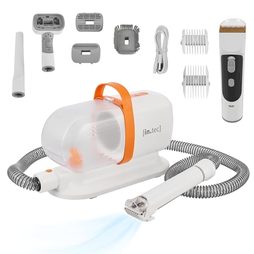 in.tec Kit Toelettatura 5 in 1 per Animali Domestici Tosatrice Elettrica e Aspirapolvere con Contenitore Rimovibile Trimmer Cani Gatti Asciugapeli - Bianco/Arancio