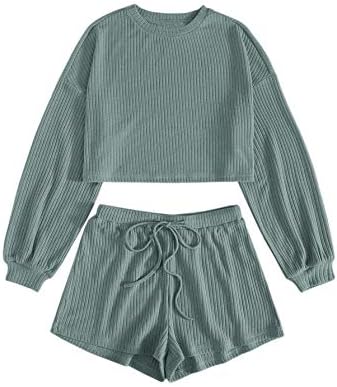 Verdusa Women's Rib Knit Long Sleeve Lounge Set 2 Piece PJ Set Nightwear Pajama Set Green M