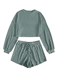 Verdusa Women's Rib Knit Long Sleeve Lounge Set 2 Piece PJ Set Nightwear Pajama Set Green M
