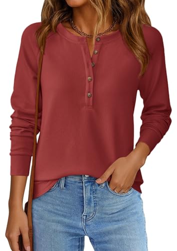 Image of PRETTYGARDEN Women's Long Sleeve Waffle Knit Henley Shirts Loose Tunic Tops