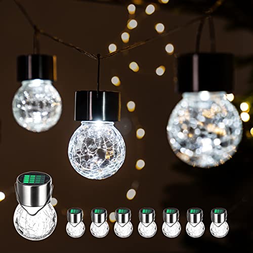 GIGALUMI Lot de 8 lampes solaires à suspendre en verre craquelé avec poignée pour jardin, cour, terrasse, pelouse (blanc froid)