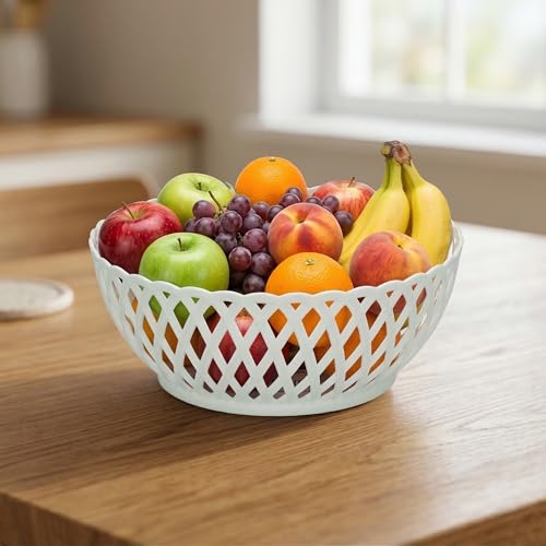 Image of RATAN PLASTICWARE Cane Large Plastic Storage Basket for Fruits, Vegetables & Snacks - Decorative Woven Design for Kitchen, Dining Table & Home Use I Pack of 6 - BEIGE /Dark Brown /OFF WHITE