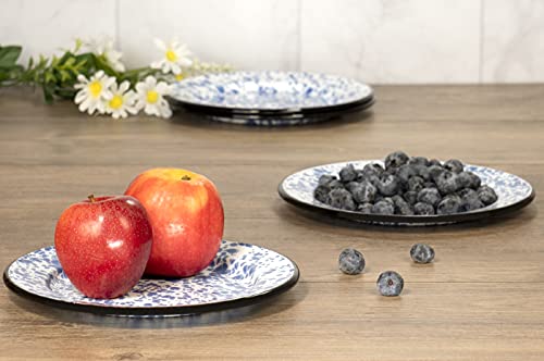 Red Co. Set Of 4 Enamelware Metal Classic 8" Round Salad Plate, Navy Blue Marble/Black Rim - Splatter Design #TOP4