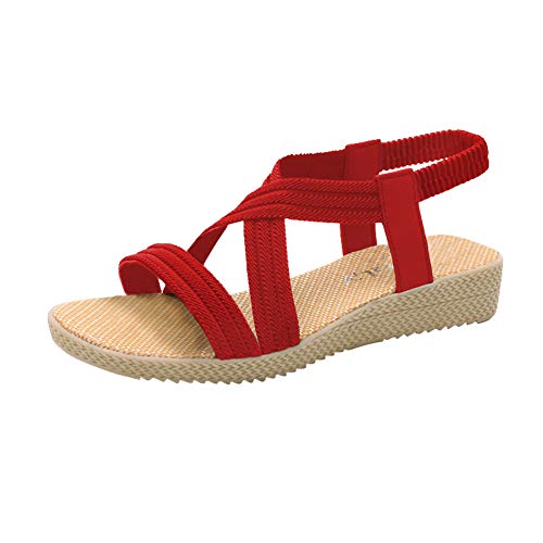 Husmeu Women s Beach Sandals for Women Summer Casual Flat Sandals Cute Elastic Straps Sandals Beach Flat Shoes Red Size 7-7.5