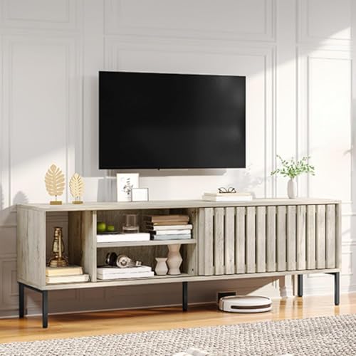 DWVO Modern TV Stands for 65/70 inch TV, Mid Century Entertainment Center, TV Consoles for Living Room, TV Cabinet with Sliding Door & Adjustable Shelf, 64 Inch Light Grey