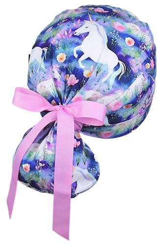 Image of Scrub Cap for Women and Men, Ponytail Scrub Caps, Working Hat, Head Cover with Ribbon Ties and Buttons, Long Hair
