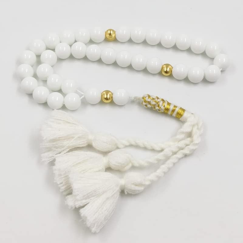 ALBASHAN Tasbih White Ceramics Muslim Prayer Beads with Gold Beads misbaha Islamic Rosary Ramadan Eid Gift Turkish Accessories Tassel (10mm x 99 Beads)