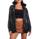 ABYOVRT Women Leather Bomber Jacket Oversized Zip Up Faux Leather Jacket Vintage Coat Fall Fashion 2023 (Black,M)