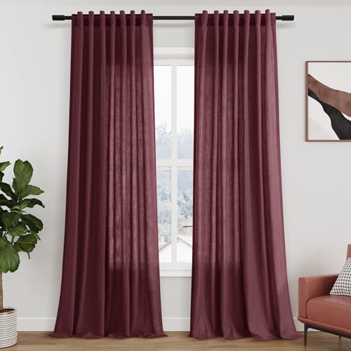 Image of Nanspring Burgundy Linen Curtains Semi Sheer 96 Inches Long 2 Panels Set for Living Room Back Tab Rod Pocket Light Filtering Drape for Bedroom Modern Farmhouse Coastal Decor Protect Privacy 52x96