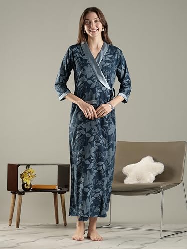 Image of 9shines Label Stylish Cotton Nighty Robe for Women | Front Open Floral Housecoat | Wrap Nighty with Pocket | Adjustable Waist Tie | Plus Size housecoat (HC-2026)
