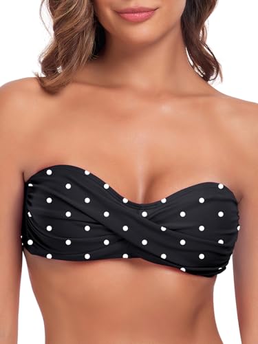 Colloyes Women's Bandeau Bikini Top Strapless Tie Back Bathing Suit Top, Black Polka Dot, Medium