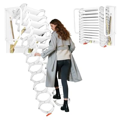FiueStur Pull Down Attic Ladder, Attic Ladder Pull Down System - 12 Step White Ceiling Mounted Folding Ladders, Space Saving 881lbs Load for Loft Garage Storage, Quick Installation