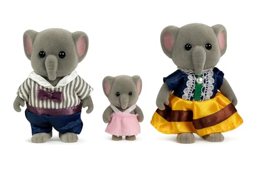 OLEOCA Family Gray Elephant Figures — Set of 3 Collectible Flocked Mini Dolls with Removable Clothes, Miniature Dollhouse Pretend Play Figures for Kids Ages 3+