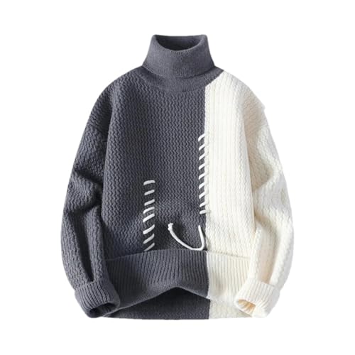 Men's Loose Turtleneck Knit Sweater Casual Warm Patchwork Pullover Streetwear Jumper