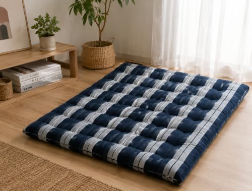 Image of H B MSALA 3 Inch Soft Cotton Gadda Mattress, Blue, 48x72 inches, Lining Pattern, Foldable & Breathable, Lightweight Bedding, for Floor & Bed, Guest Room Use