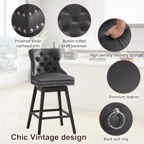 Image of Grey Leather Swivel Bar Stools Set of 4 with Back, 26 Inch Counter Height Chairs, Solid Wood Legs, Tufted Seat, Comfortable and Stylish for Kitchen, Island, Home Bar(Grey, 4 Pack, 26 inch H)