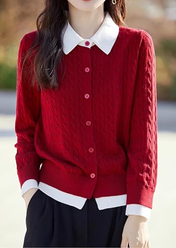 LAI MENG FIVE CATS Women's Knit Button Patchwork Sweater Casual Cable Knit Long Sleeve Fall Winter Outfits2