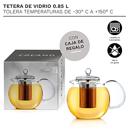 Creano Tetera de vidrio, tetera de vidrio de 3 piezas con colador de acero inoxidable integrado y tapa de vidrio, ideal para preparar tés sueltos, sin goteo, todo en uno Acero inoxidable 0.85L - Imagen 5