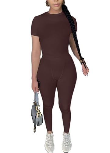 Two Piece Outfits for Women Fitted Crew Neck T-shirt High