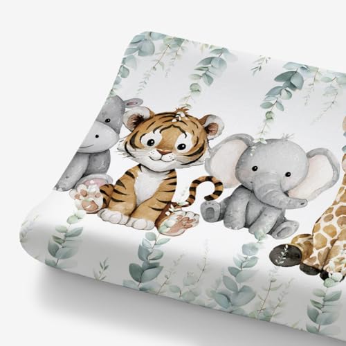 HawSkgFub African Safari Jungle Animals Eucalyptus Leaf Changing Pad Cover Baby Girl Boy, Giraffe Elephant Leopard Lion Zebra Diaper Change Table...