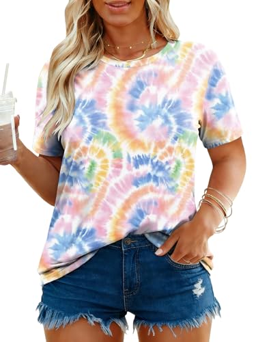 Image of VISLILY Plus-Size-Tops for Women Casual Short Sleeve T Shirts Trendy Tie Dye Crewneck Tees Comfy Loose Fit Tunics XL-5XL