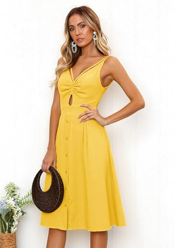 Image of ECOWISH Women 2026 Summer Dresses Tie Front V-Neck Spaghetti Strap Button Down A-Line Backless Swing Midi Dress