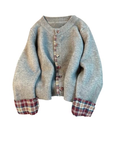Women's Plaid Cardigan Sweater Patchwork Long Sleeve Button Down Knitted Tops Crewneck Cropped Sweaters for Teens