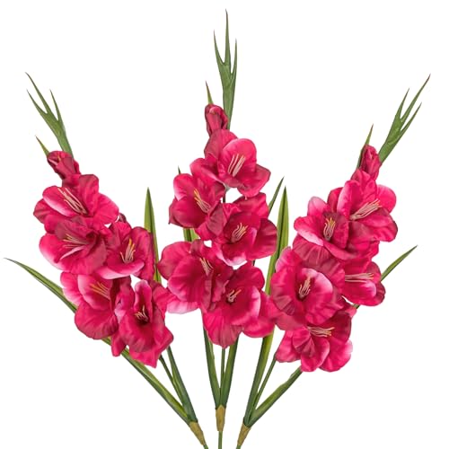 Oairse Lot de 3 fleurs artificielles de glaïeul magenta en soie avec tiges pour vase, printemps, été, décoration d'intérieur, décorations florales...
