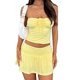 PRIVIMIX Women 2 Piece Mini Skirts Set Y2k Summer Going Out Tie Ruched Crop Tops Low Waist Short Skort Outfit Yellow, Small