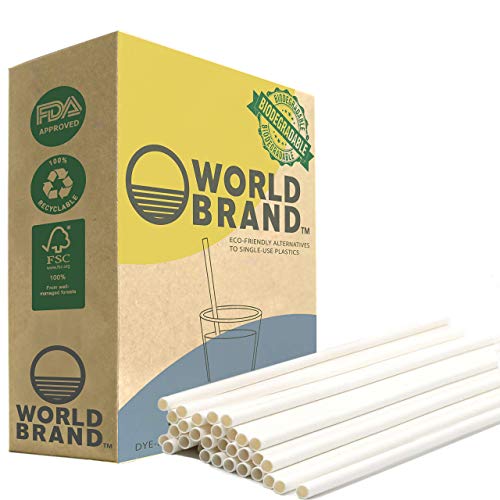 World Brand 5X Stronger 250 Ct White Paper Straws - Biodegradable Drinking Straws - Eco-Friendly - Plastic & Dye Free - Perfect for Juices, Shakes, Smoothies, Ice Coffee & More