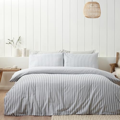 Catherine Lansfield Brushed Stripe Cotton Reversible Super King Duvet Cover Set with Pillowcases Silver Grey