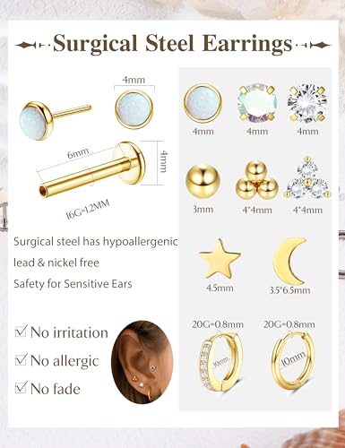 Sanfenly Threadless Flat Back Earrings Studs 316L Surgical Steel Cartilage Earrings for Women Men Push in Nose Rings Studs 20G 18G 16G CZ Opal Tragus Helix Conch Lip Labret Medusa Nostril Piercing Jewelry Hypoallergenic2