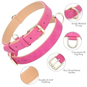 Leather Dog Collar for Small Medium Large Dogs, Soft Padded Dog Leather Collar with Heavy Duty Gold Buckle, Durable & Comfortable for Puppy Dogs Daily Walking (Hot Pink, XS)
