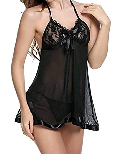 MAHIRA Women's Net Above Knee Baby Doll with G String Panty (Black_Free Size)