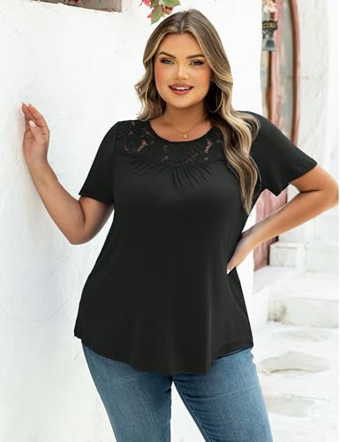 Ahlaray Women's Plus Size Summer Tops Short Sleeve Shirts Lace Pleated Tunic Tops Blouses M-4XL3