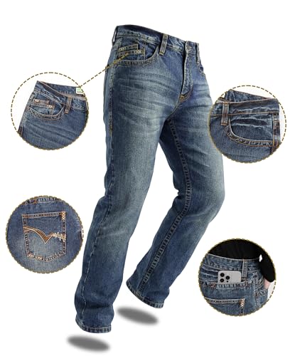 Image of BOCOMAL Non FR-Men's Heavyweight Dura-Rugged Work Jeans Mid Rise Relaxed Fit Boot Cut 7 Utility Pockets Retro Washed Jean