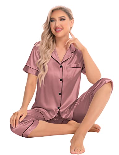 SWOMOG Satin Pajama Set Women Silk Pjs Set Short Sleeve 2 Piece Button Down Sleepwear Lounge Sets3