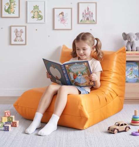 Image of Hobestluk Small Bean Bag Chair Leather Waterproof Beanbag Lazy Floor Sofa Bean Bags with Memory Foam Filled Lounge Sofa Armless Chair for Bedroom Playroom and Reading Dorm Easy Clean (Orange, Small