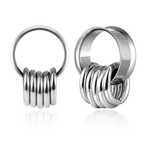 MOQIKAKA 2PCS Silver Classic Ear Gauges for Stretched Ears with 10pcs Nose Hoop Rings, Hypoallergenic 316 Stainless Steel Ear Plugs Tunels 10mm/00g Body Piercing Jewelry for Women Men