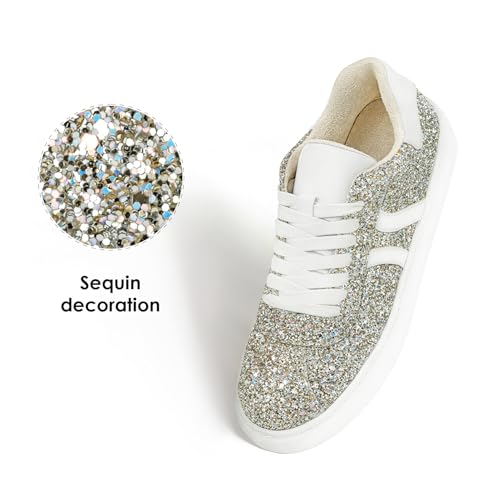 Image of Suokdil Sparkle Rhinestone Sneakers for Women - Bling Fashion Bedazzled Platform Tennis Shoes - White Glitter Sequin Wedding and Party Shoe