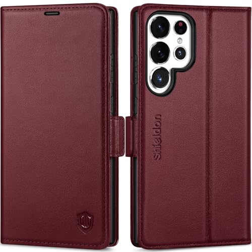 SHIELDON Wallet Case for Galaxy S25 Ultra 6.9", Genuine Leather Folio Magnetic Wallet Cover RFID Blocking Credit Card Holder Kickstand Shockproof Case Compatible with Galaxy S25 Ultra - Nappa Wine Red