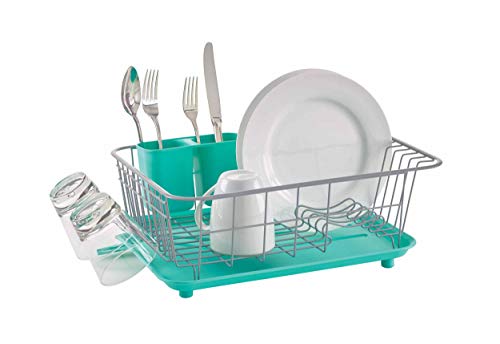 Image of Farberware Compact Dish Drying Rack with Drainboard, Flatware Caddy and Sink Brush, Teal - Holds 9 Plates, Fits Small Kitchens, Apartments and Dorms